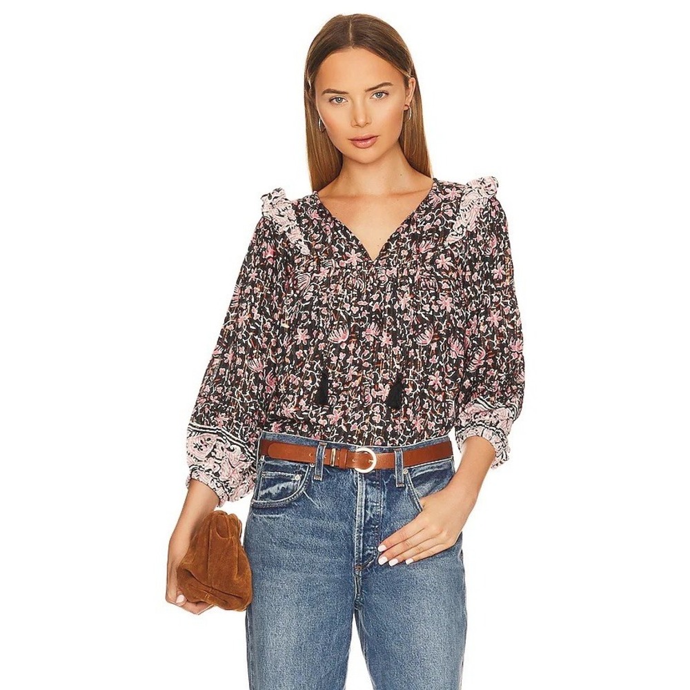 Cleobella Brynlee Blouse Black Gold Fan Print Ruffle Boho (MSRP: $218) Large